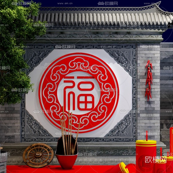 中式新春民俗美陈3d模型下载(渲染图4)