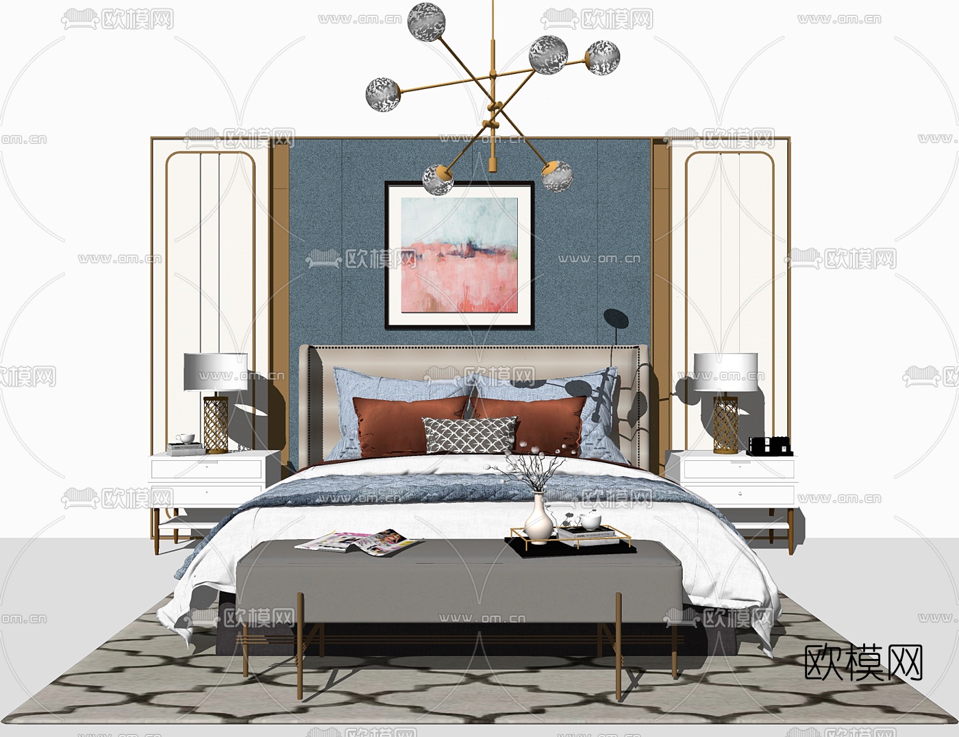 现代皮革双人床su模型下载