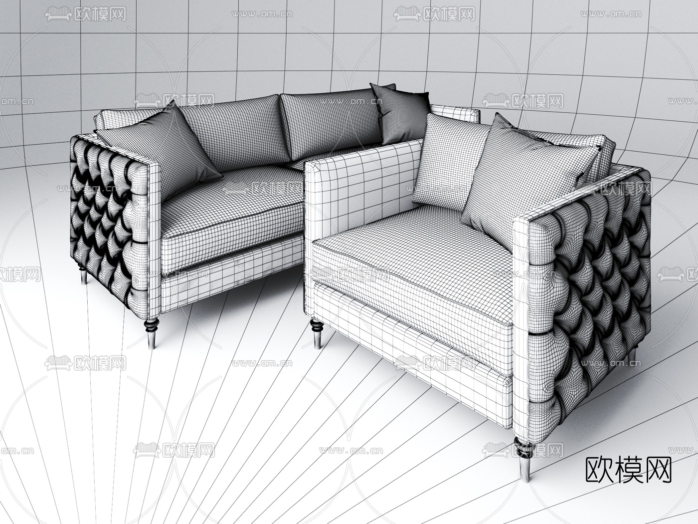 简美布艺双人沙发3d模型