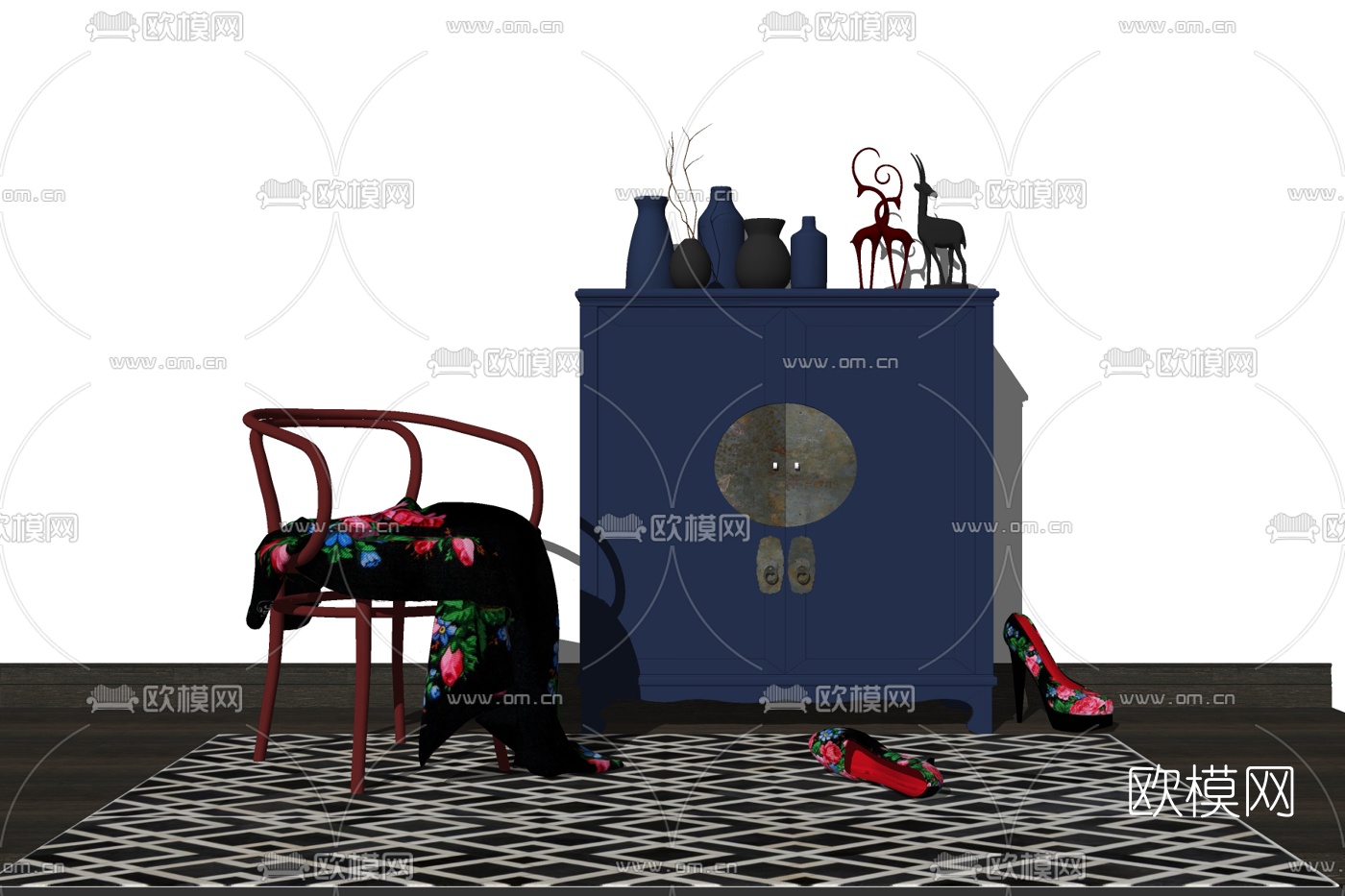 现代实木鞋柜免费su模型下载