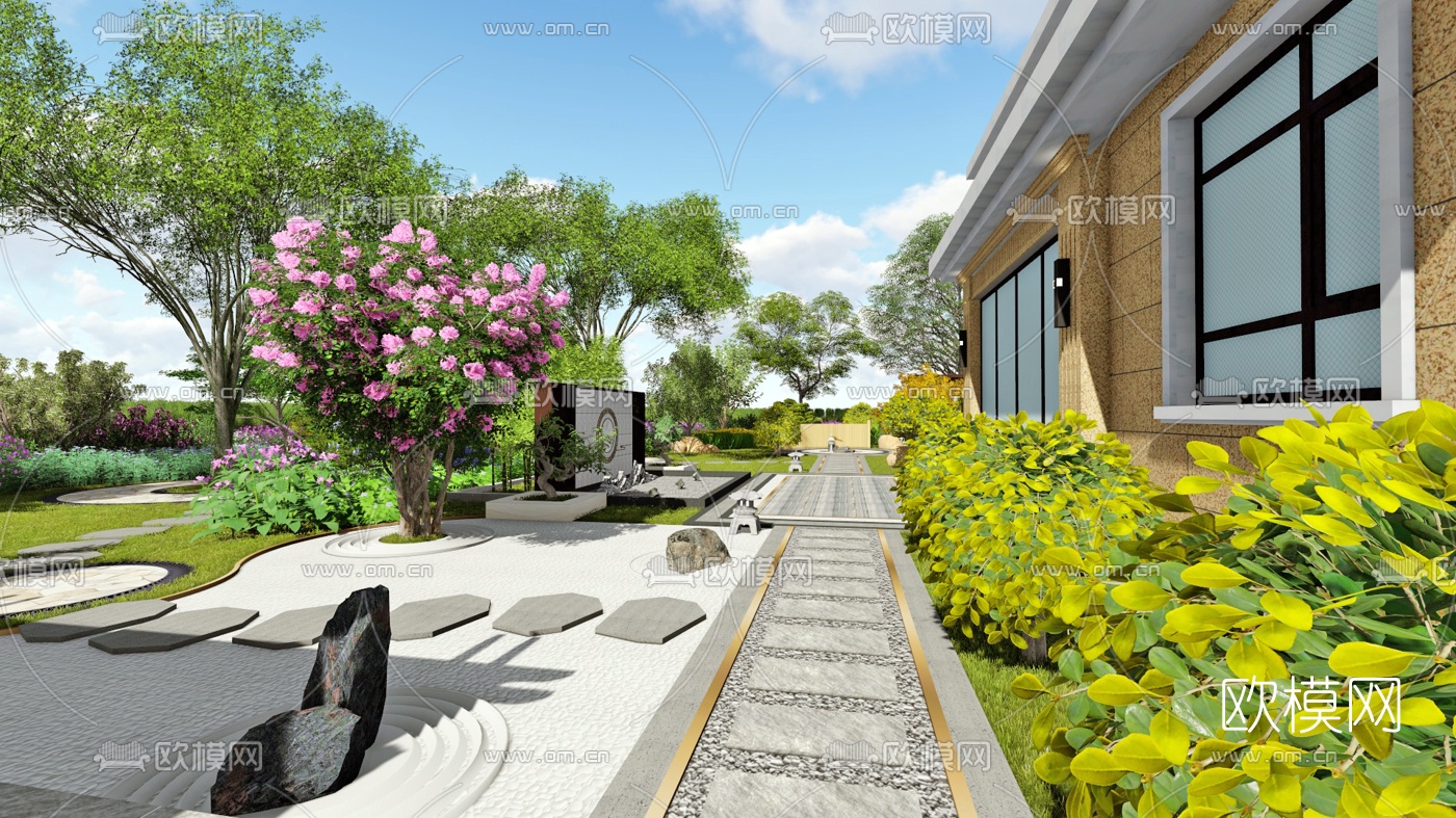 中式别墅庭院花园su模型下载（渲染图1）