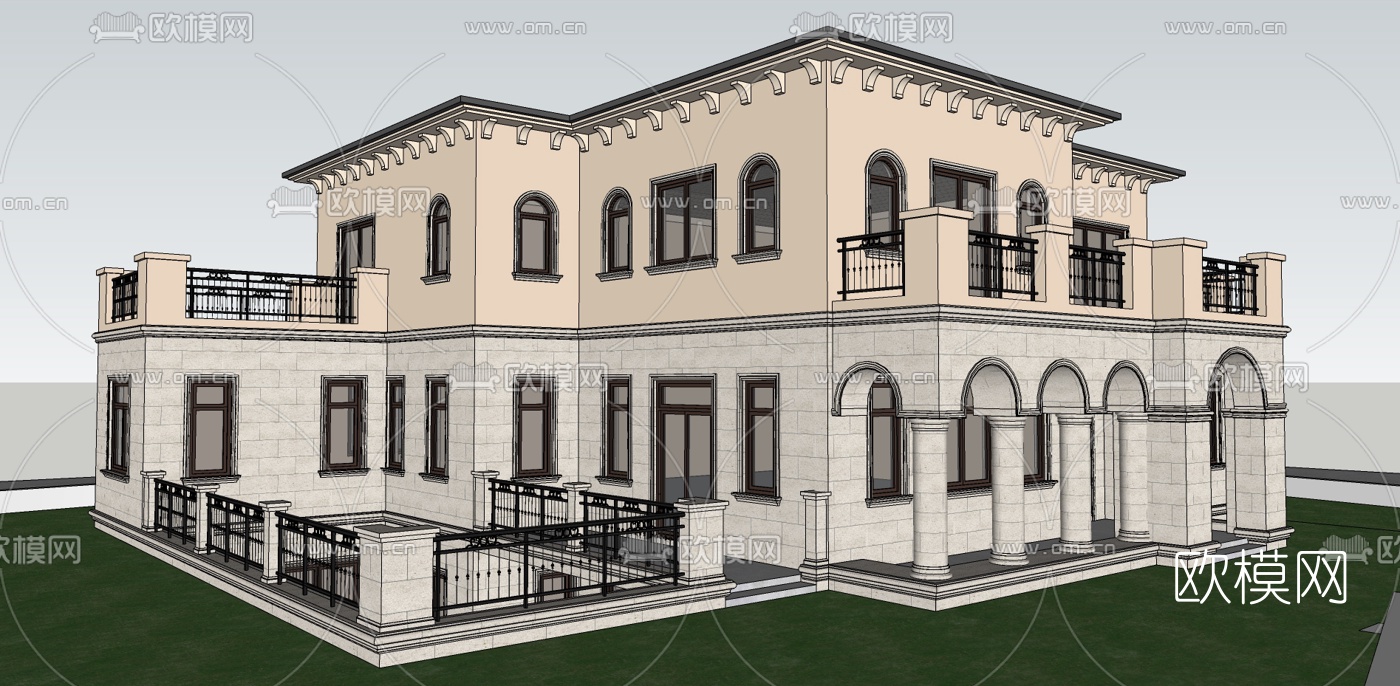 美式独栋别墅su模型下载（渲染图1）