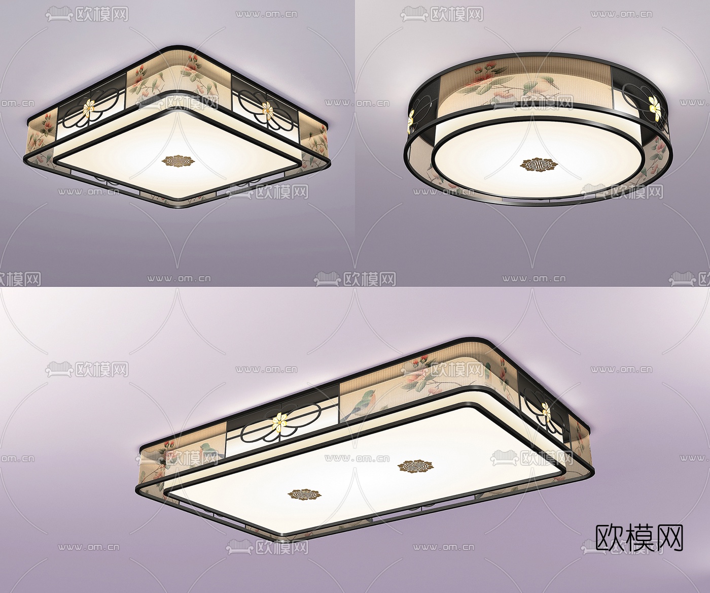 新中式金属吸顶灯组合3d模型下载
