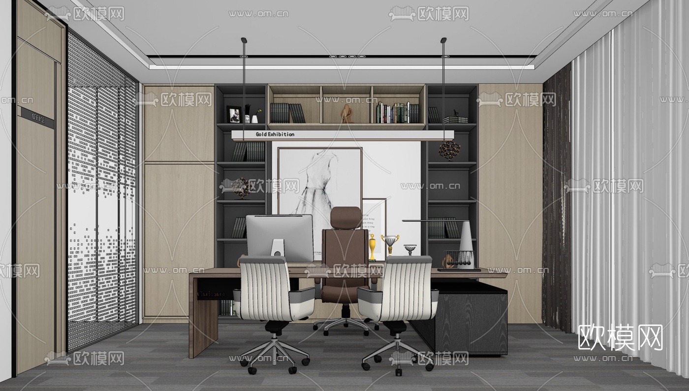 现代实木大班台su模型下载（渲染图2）