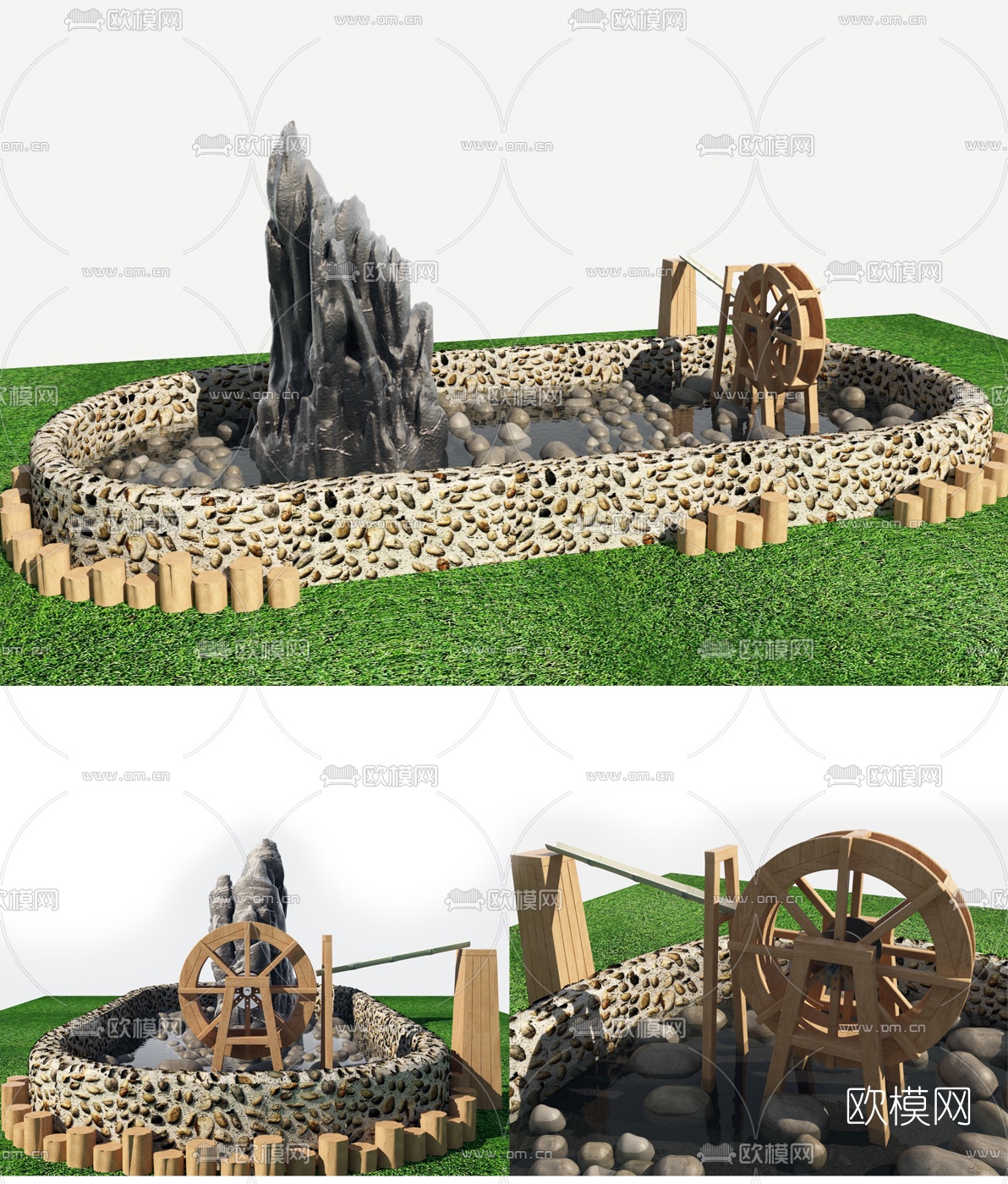 现代假山水车园艺小品3d模型下载（渲染图1）