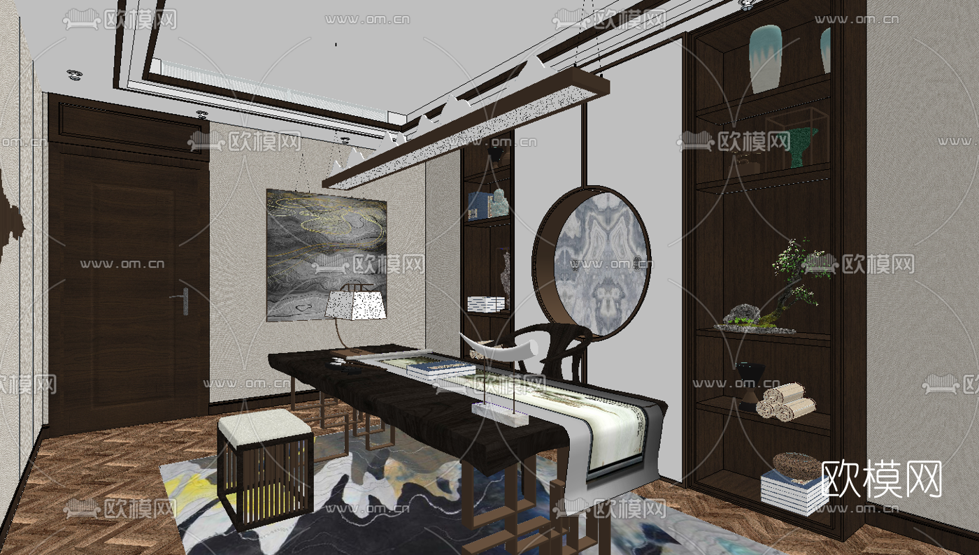 新中式书房su模型下载（渲染图2）