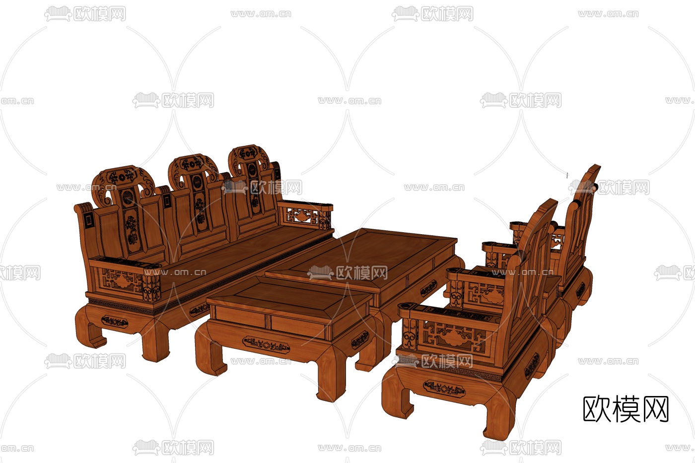 中式实木沙发组合免费su模型下载
