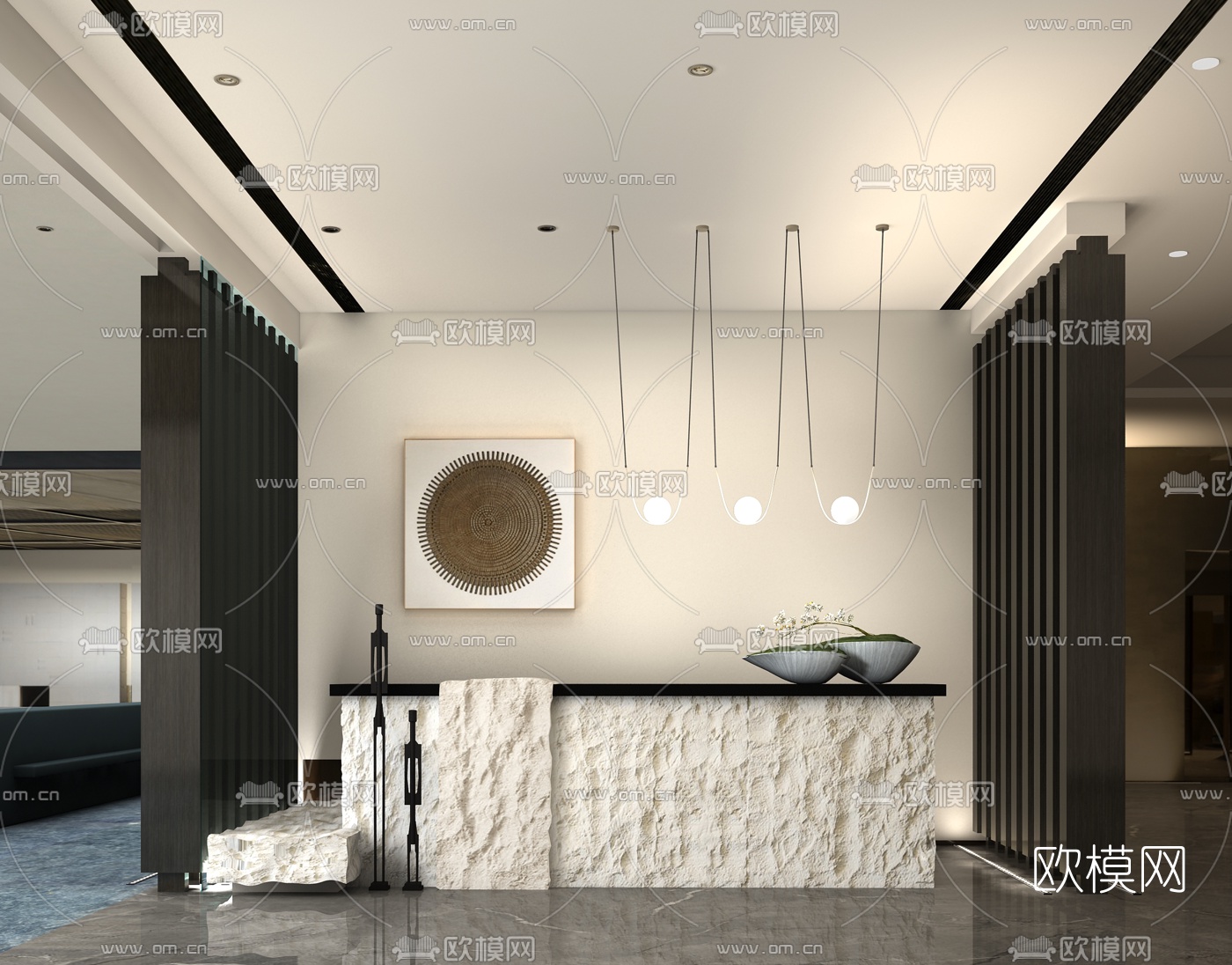 元禾大千设计 新中式裸岩服务台接待台3d模型下载