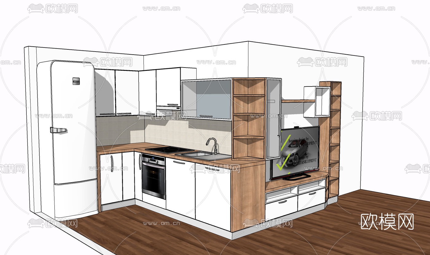 现代实木橱柜免费su模型下载