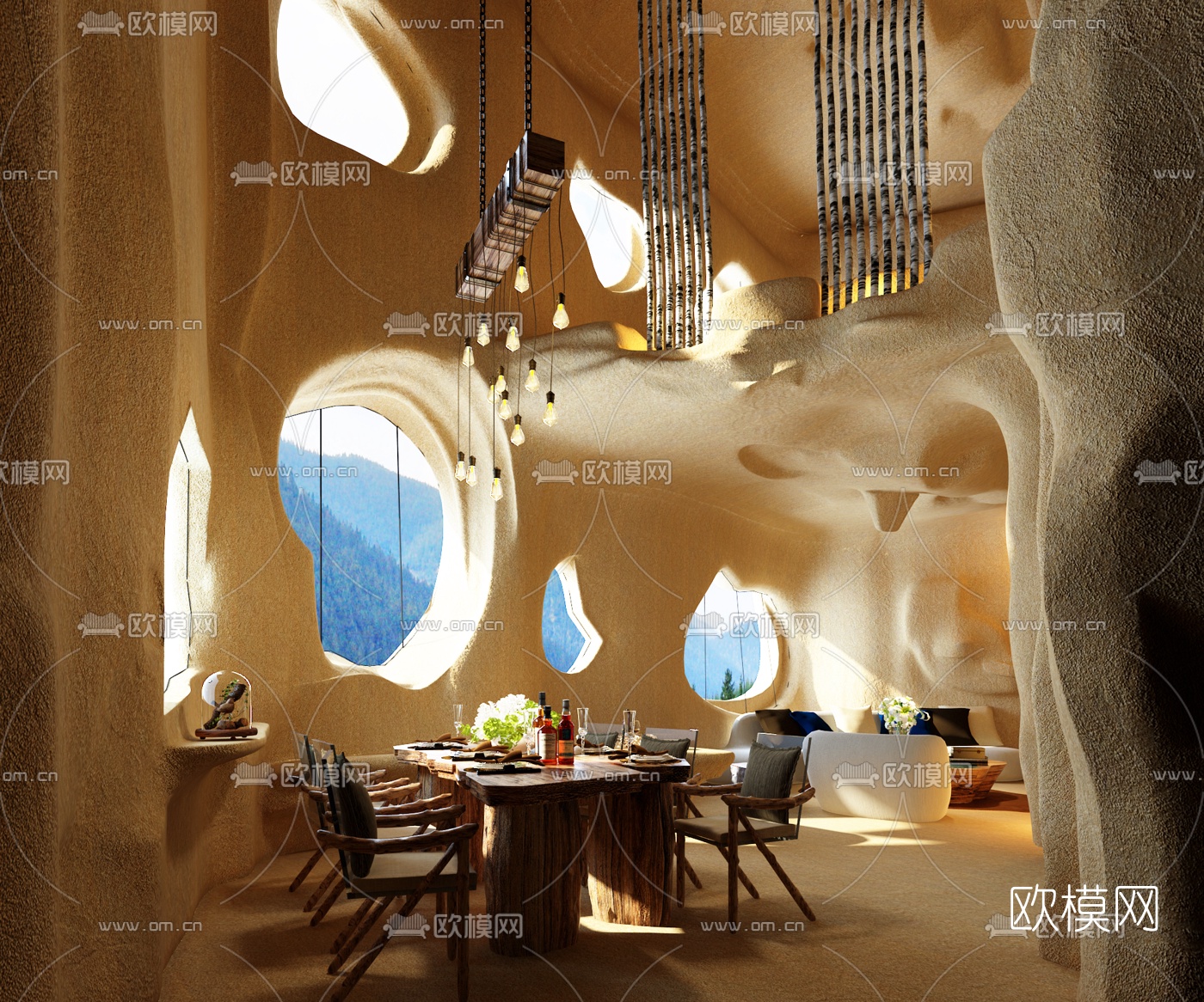 自然风溶洞主题客厅餐厅3d模型
