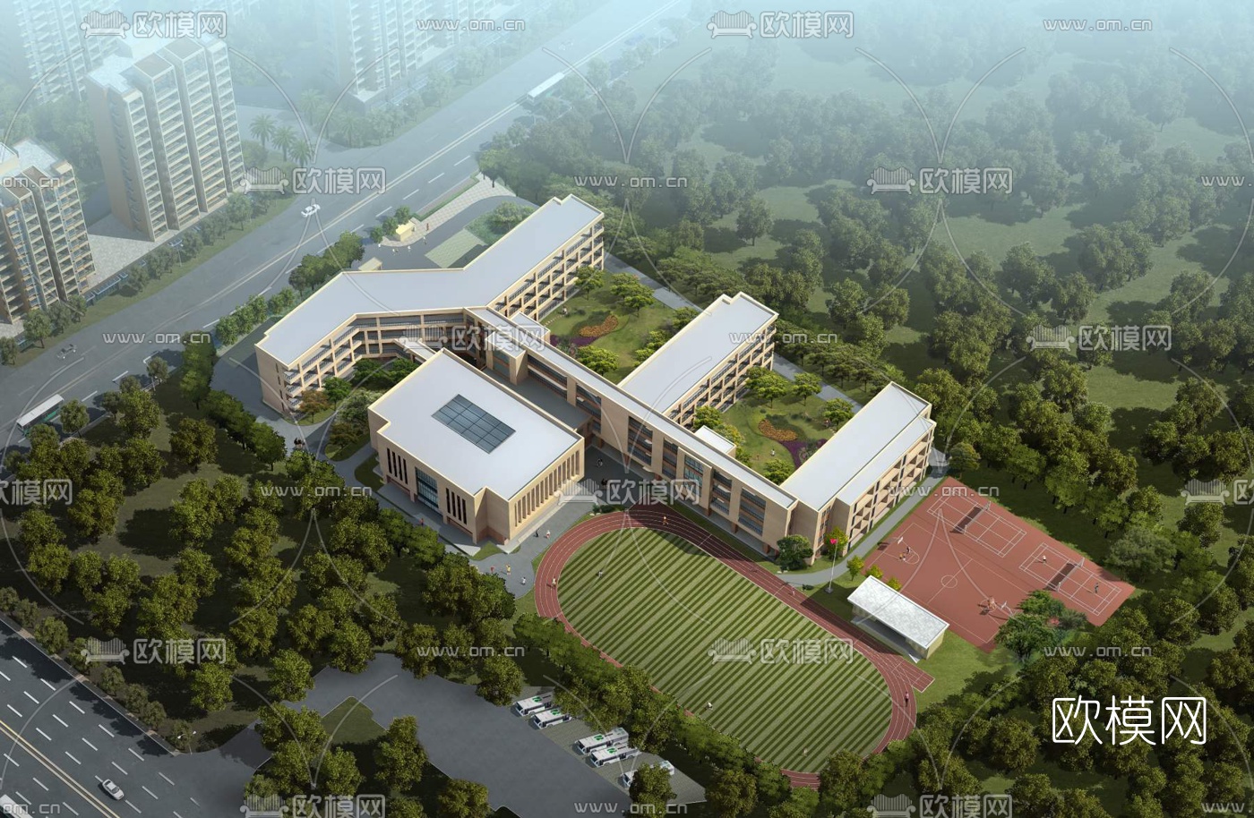 现代学校鸟瞰规划3d模型下载（渲染图1）