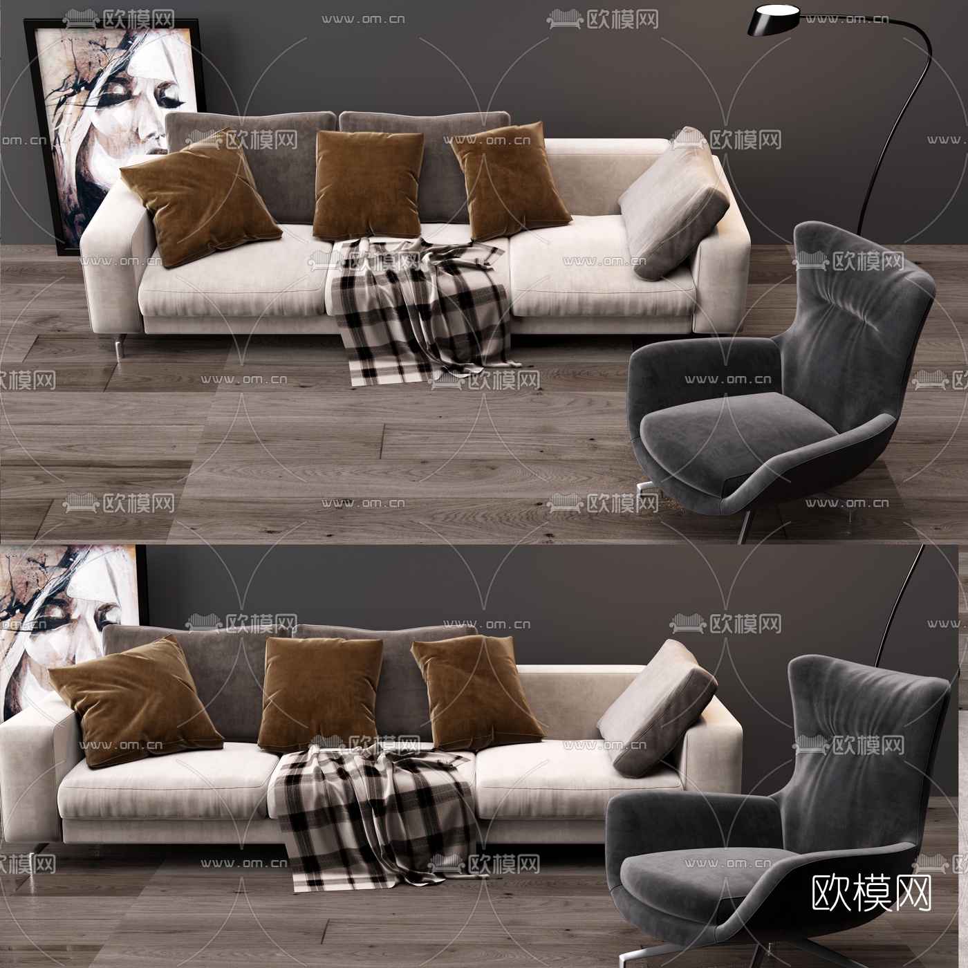 现代布艺多人沙发3d模型-免费3dmax模型库-欧模网