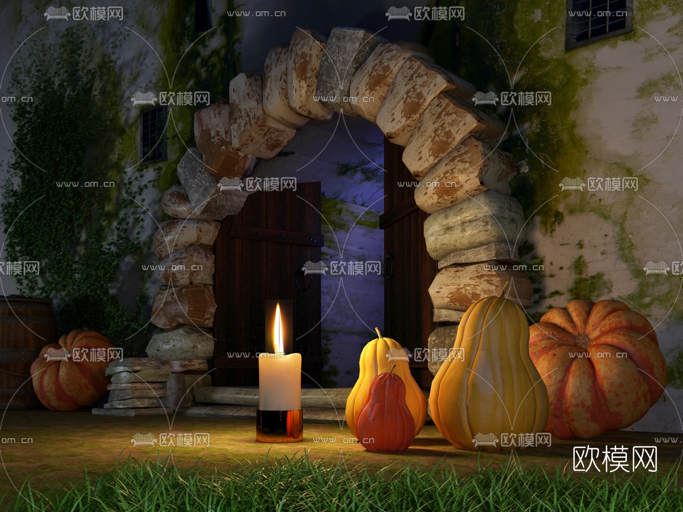 欧式南瓜木桶摆件组合3d模型下载（渲染图2）
