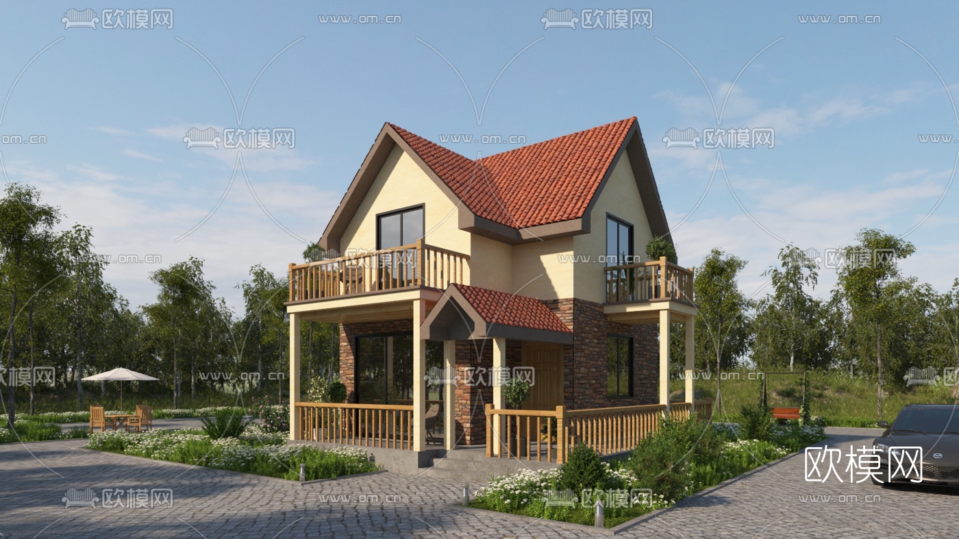 美式乡村别墅外观3d模型下载（渲染图1）