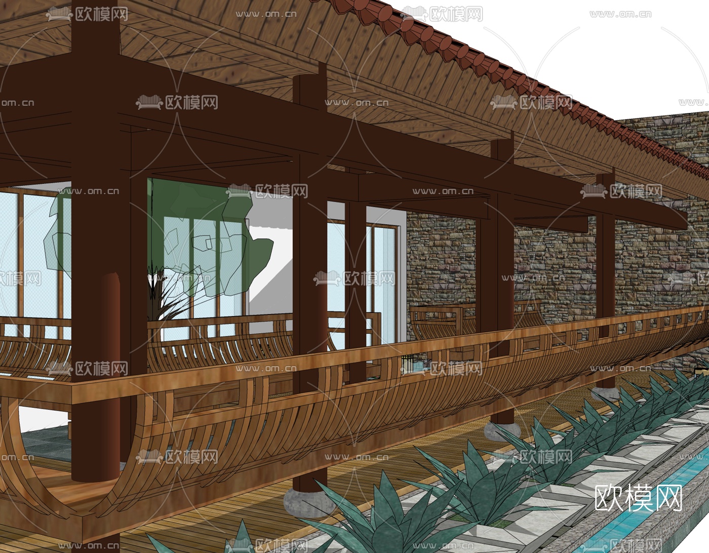 中式长廊免费su模型下载