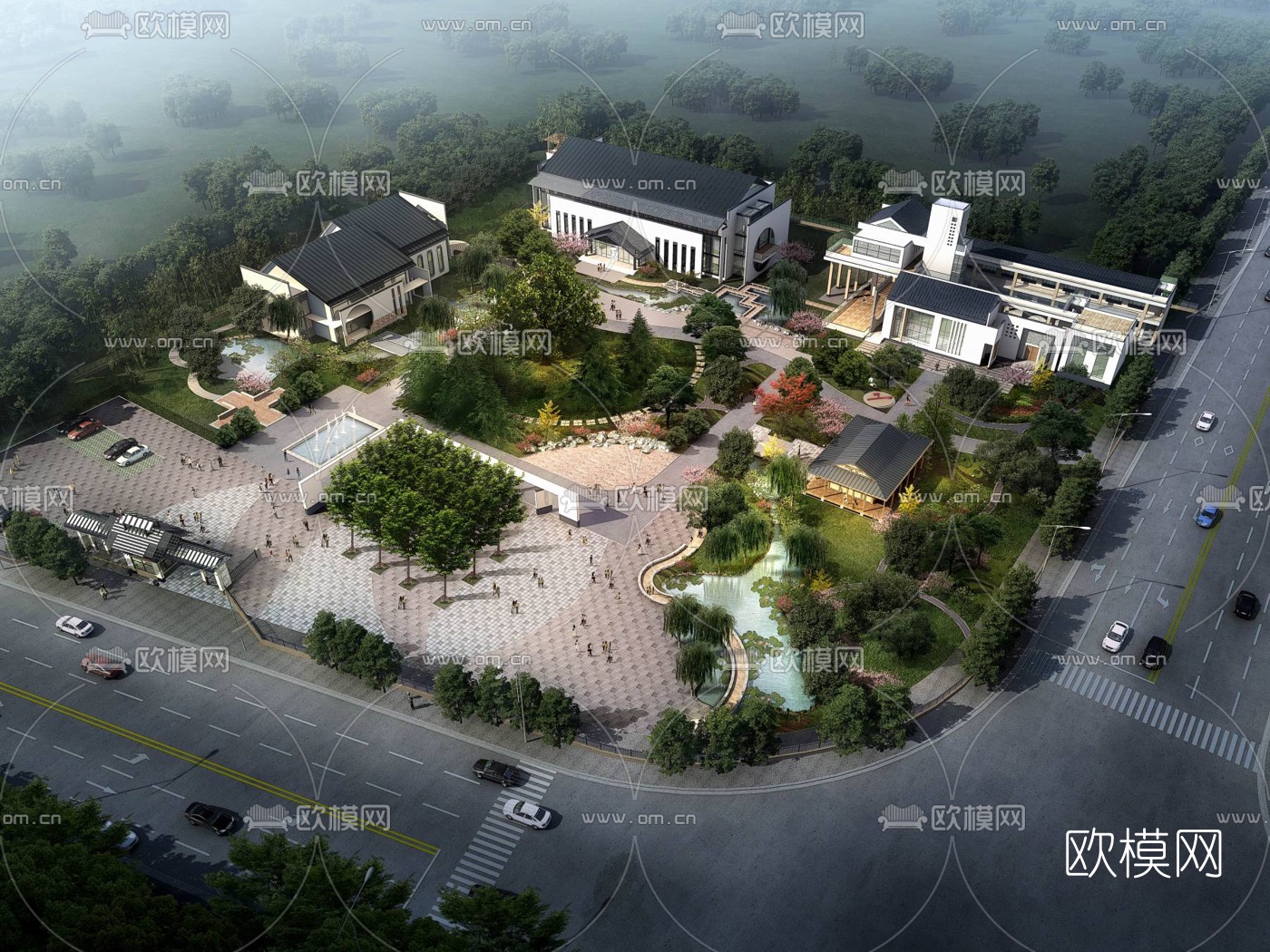 新中式会所鸟瞰3d模型下载（渲染图1）