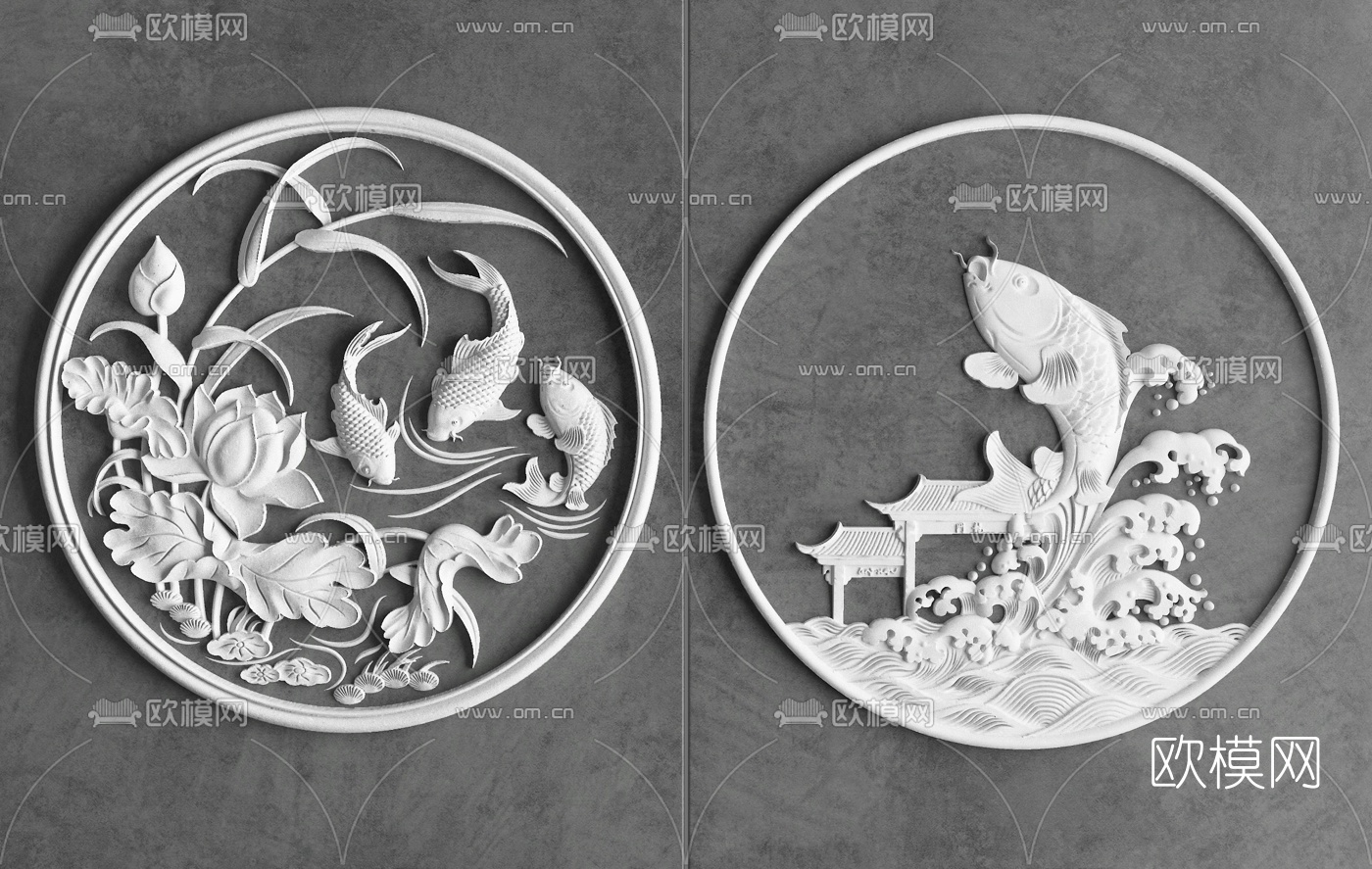 中式鲤鱼石雕3d模型