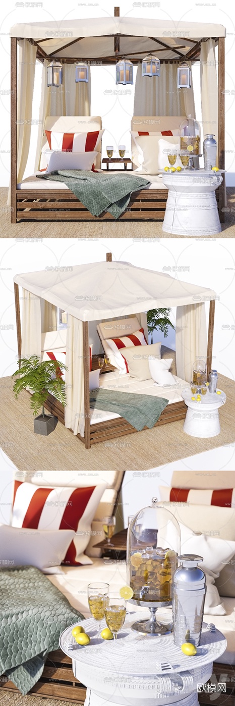 现代户外沙发床遮阳床遮阳伞3d模型下载（渲染图2）