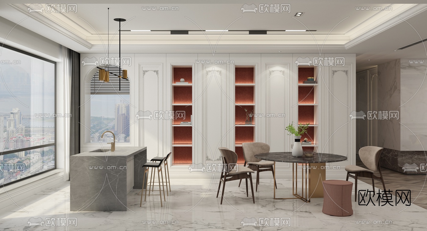 简欧客厅餐厅3d模型下载（渲染图2）