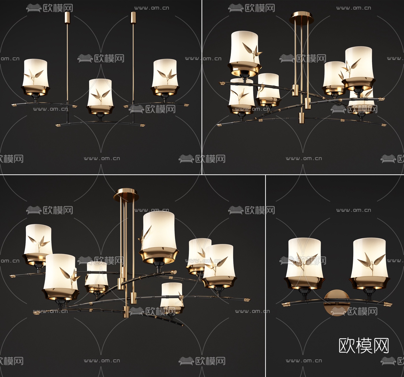 新中式金属玻璃艺术吊灯壁灯3d模型下载