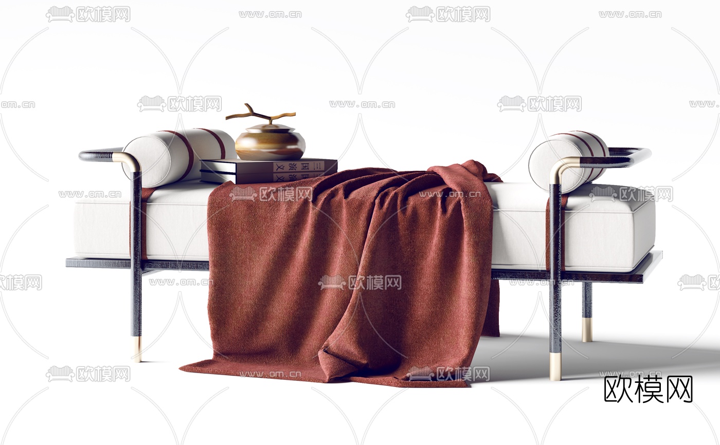 新中式布艺床尾凳3d模型下载（渲染图2）
