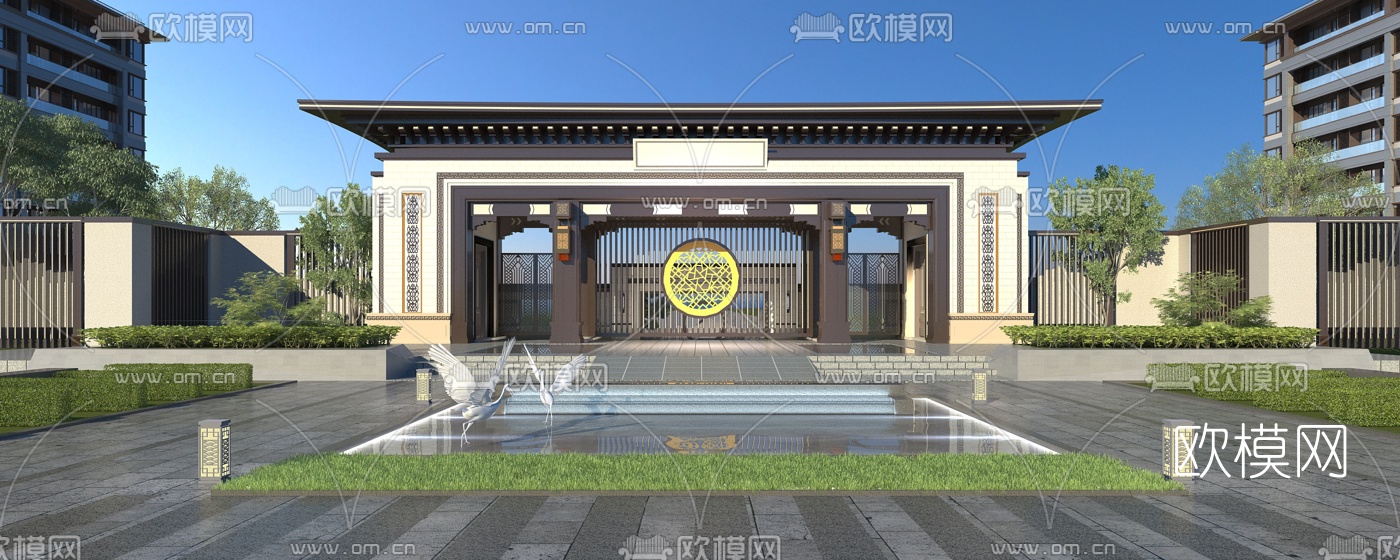 中式办公大门3d模型