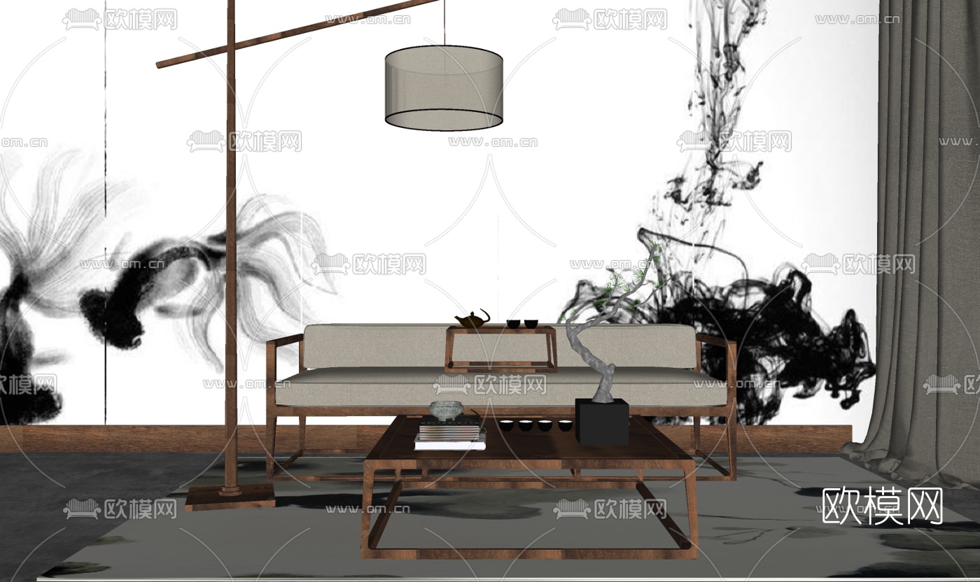 新中式实木双人沙发su模型下载