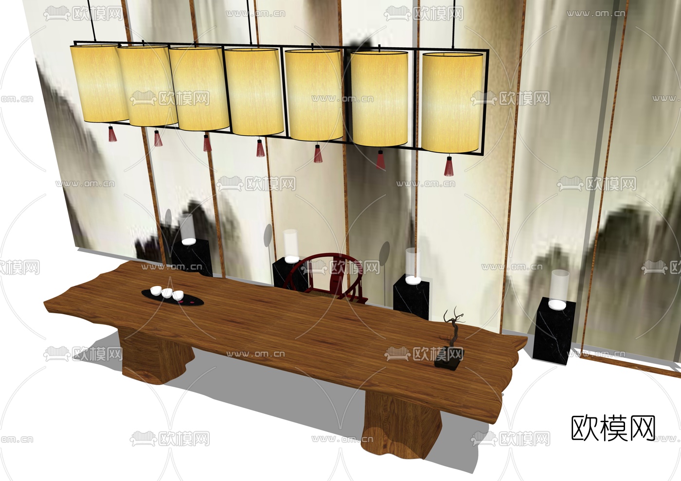 中式实木茶桌椅su模型下载（渲染图2）