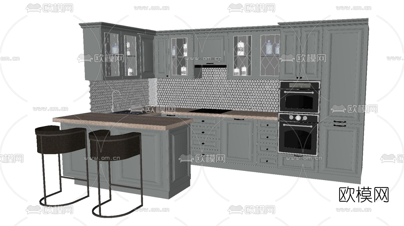简欧开放式厨房吧台组合su模型下载