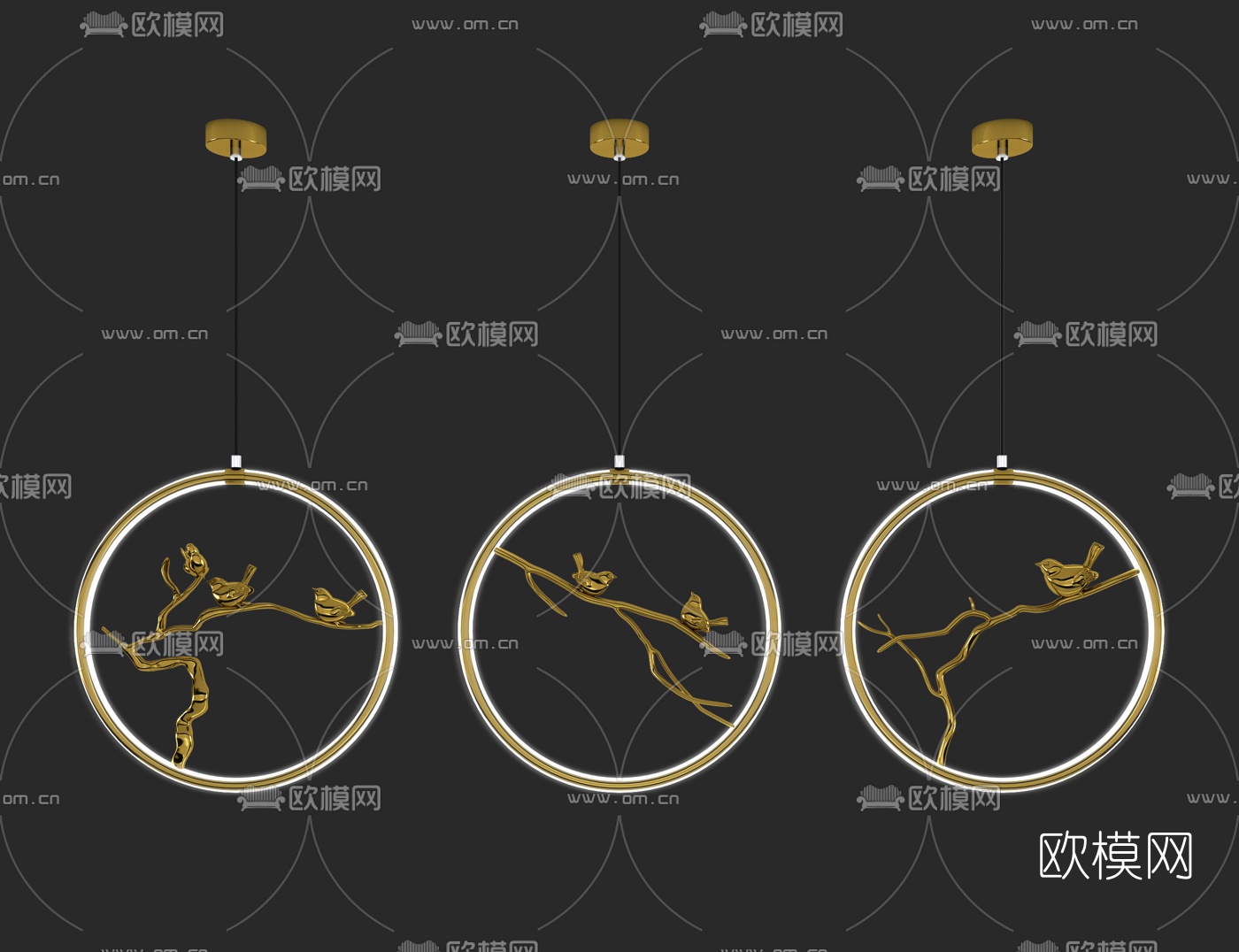 新中式金属环形小鸟装饰灯3d模型下载