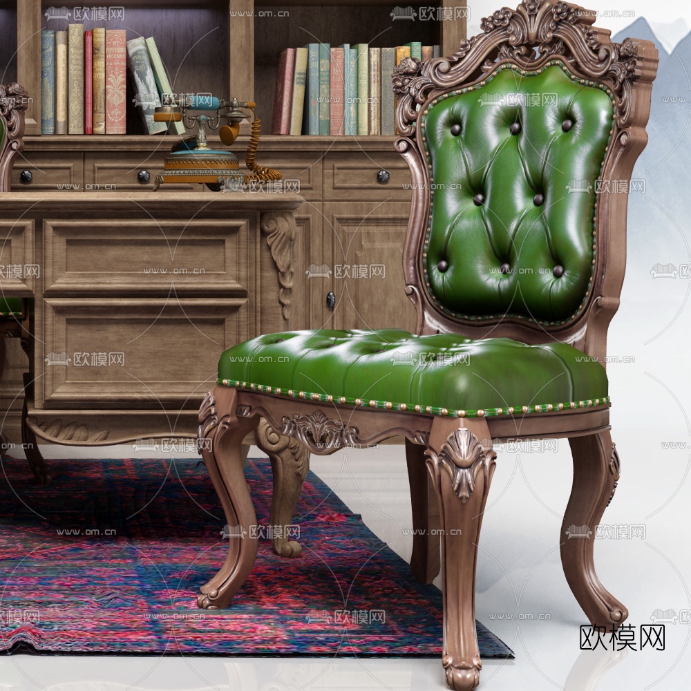 美式实木书柜书桌椅3d模型下载（渲染图3）