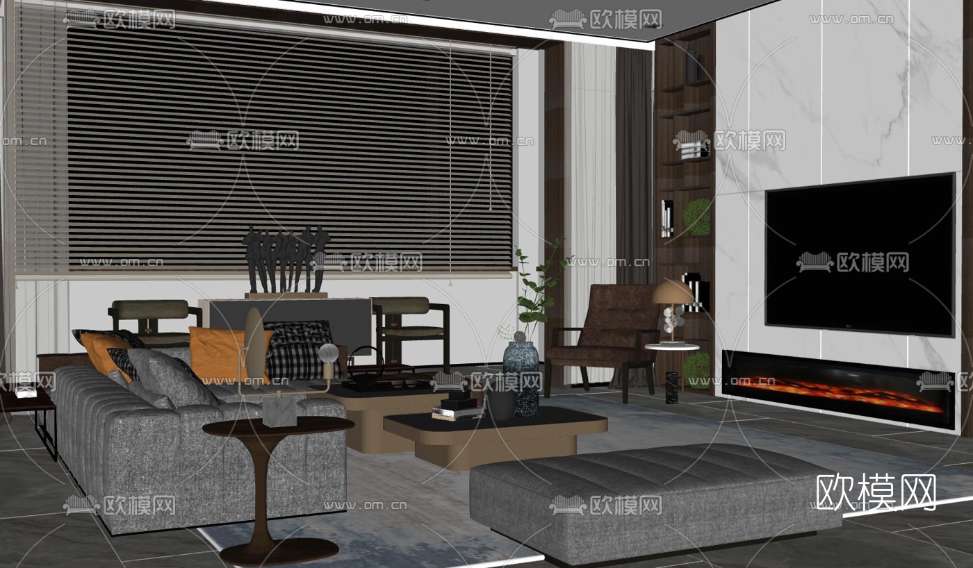 现代轻奢客厅su模型