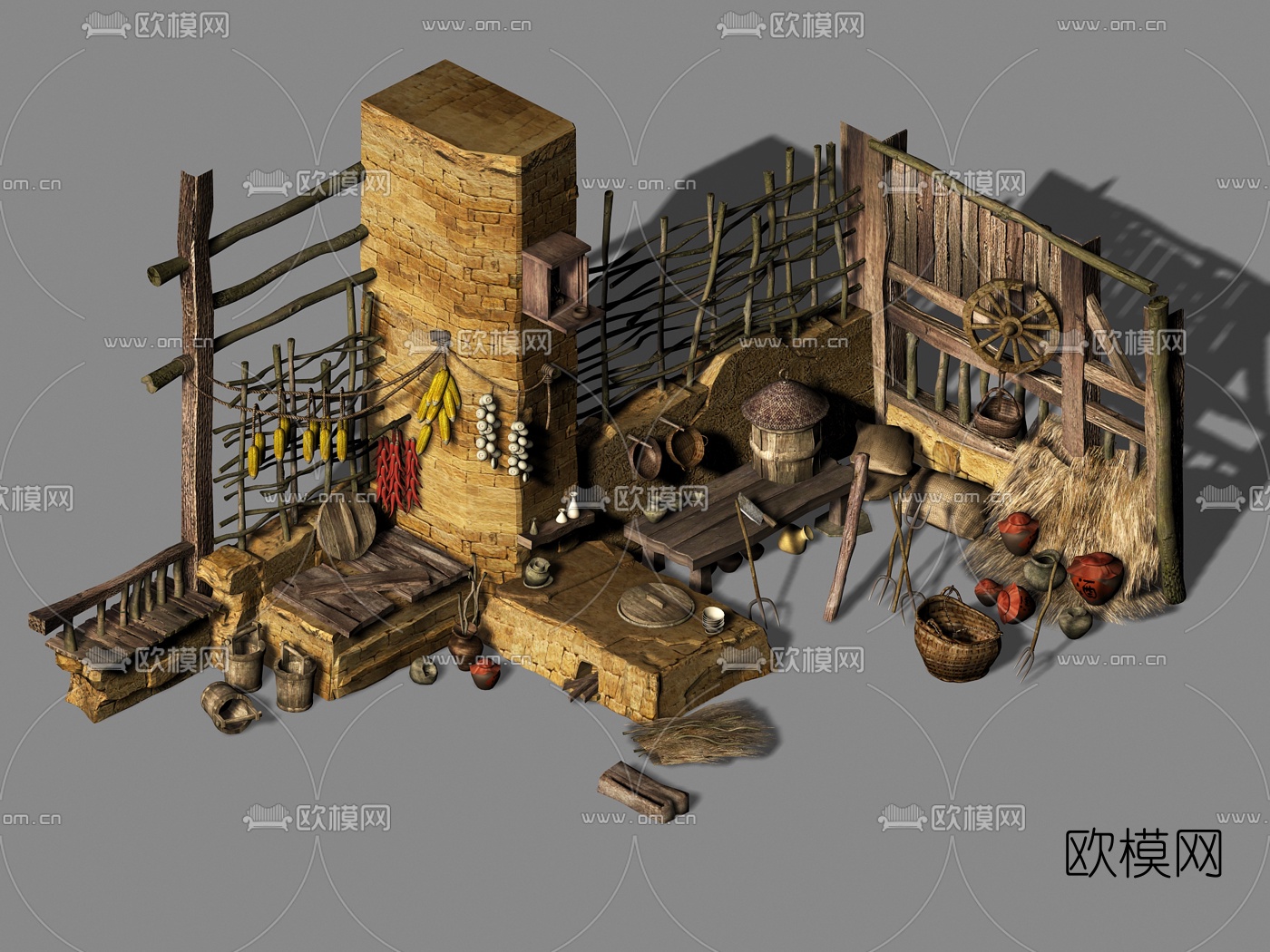 中式农具杂物玉米辣椒3d模型