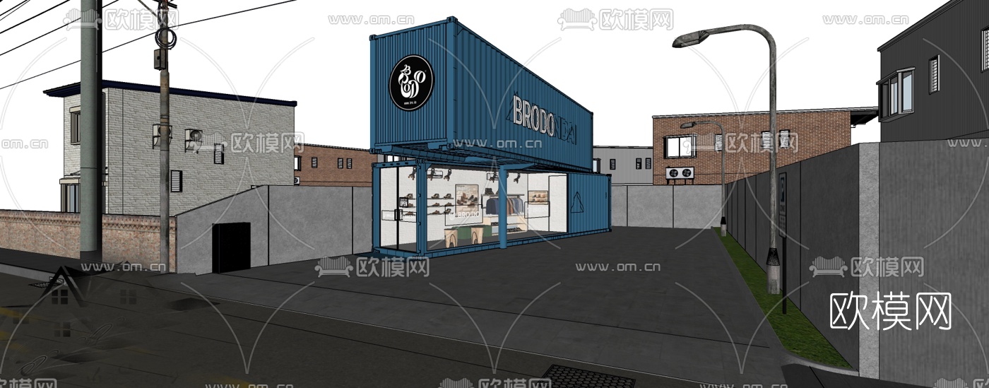 工业风集装箱店铺外观su模型下载（渲染图2）
