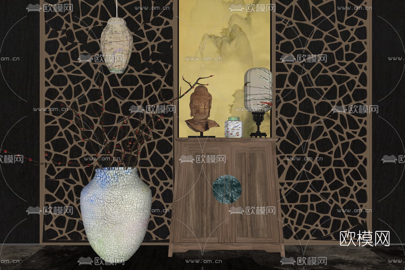 新中式端景柜免费su模型下载