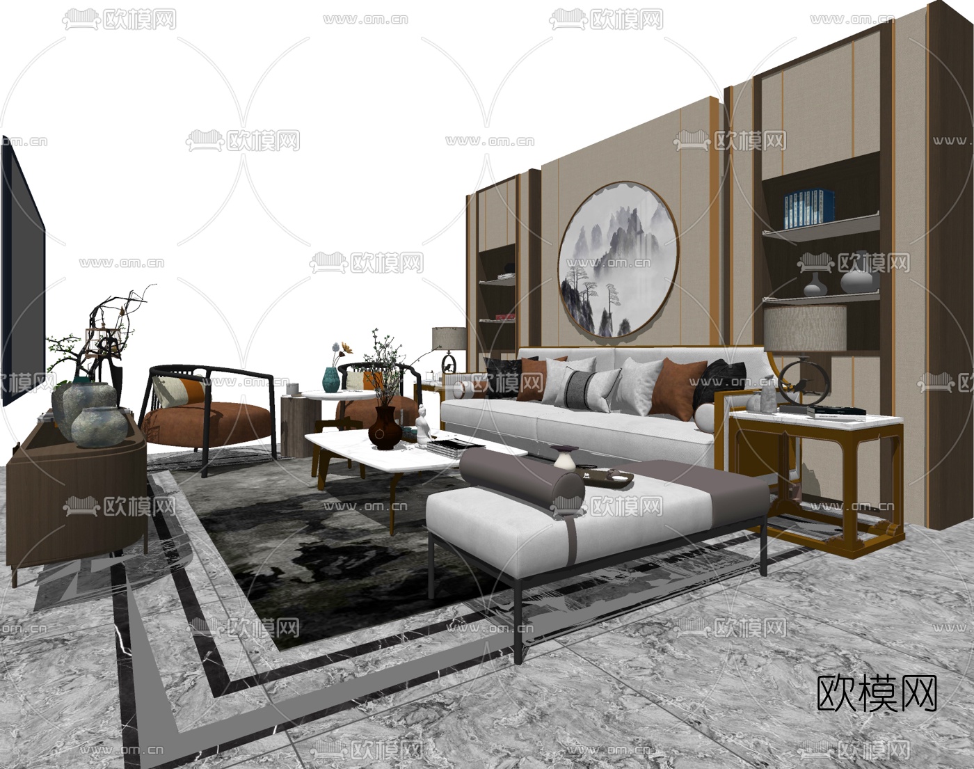 新中式布艺沙发组合su模型下载（渲染图1）