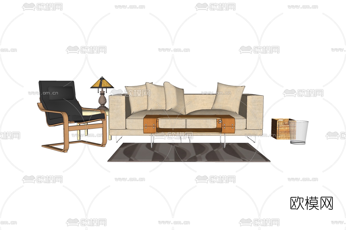 现代布艺组合沙发免费su模型下载
