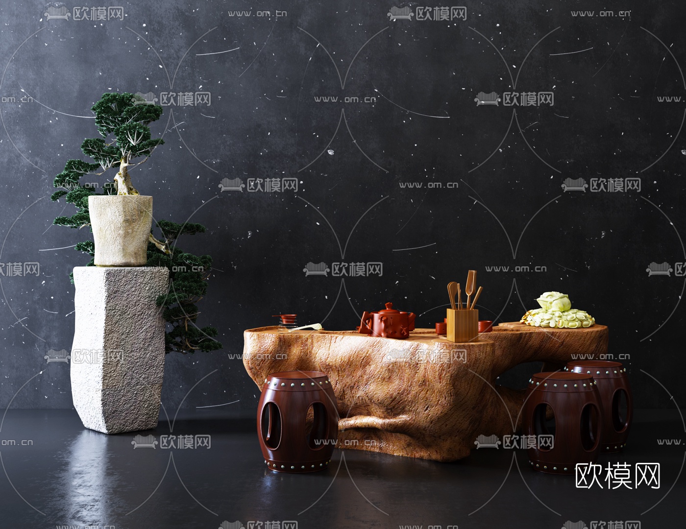 中式根雕茶桌椅3d模型