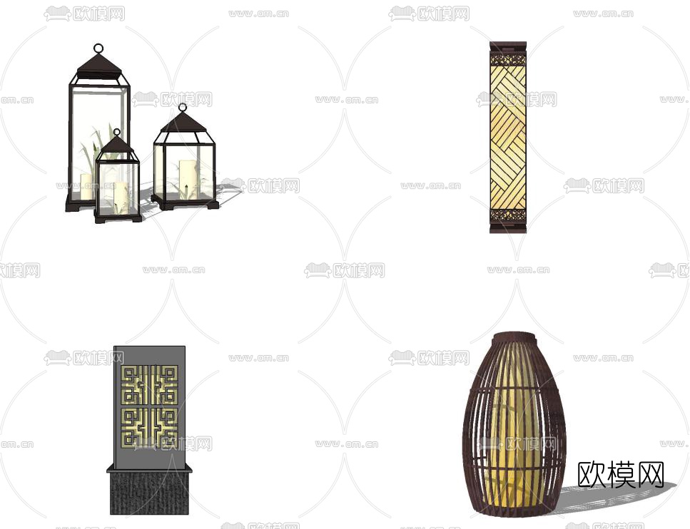 新中式景观灯组合su模型下载