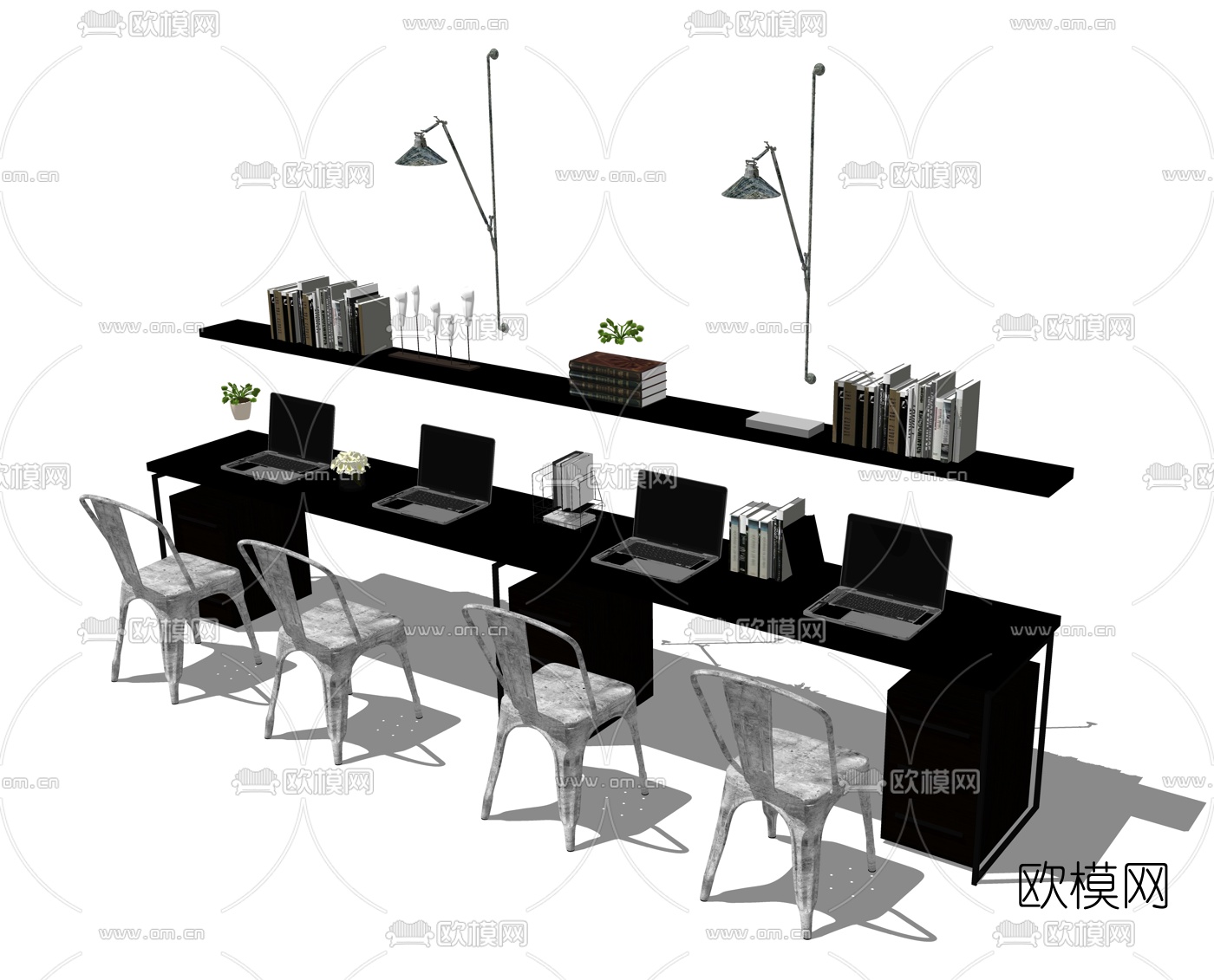 工业风卡座办公桌su模型下载（渲染图2）