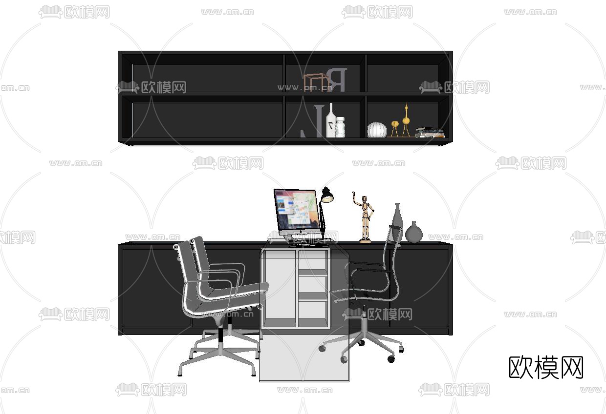 现代实木玻璃班台桌su模型下载