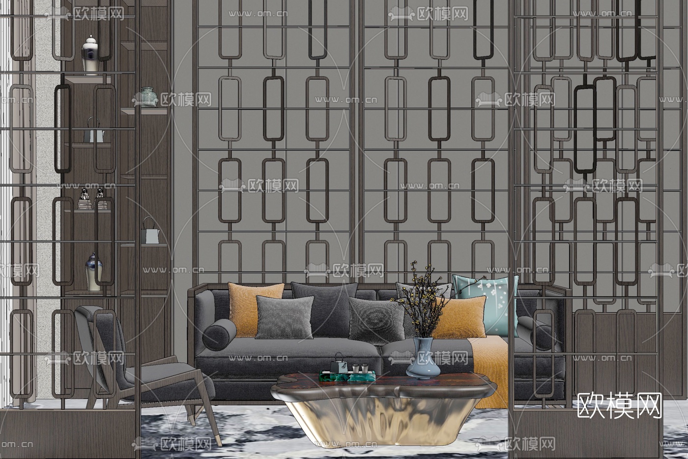 新中式布艺组合沙发su模型下载（渲染图3）