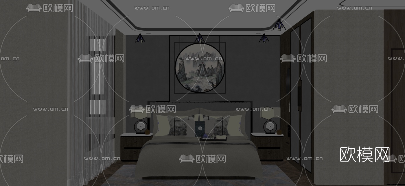 新中式主人房卧室su模型