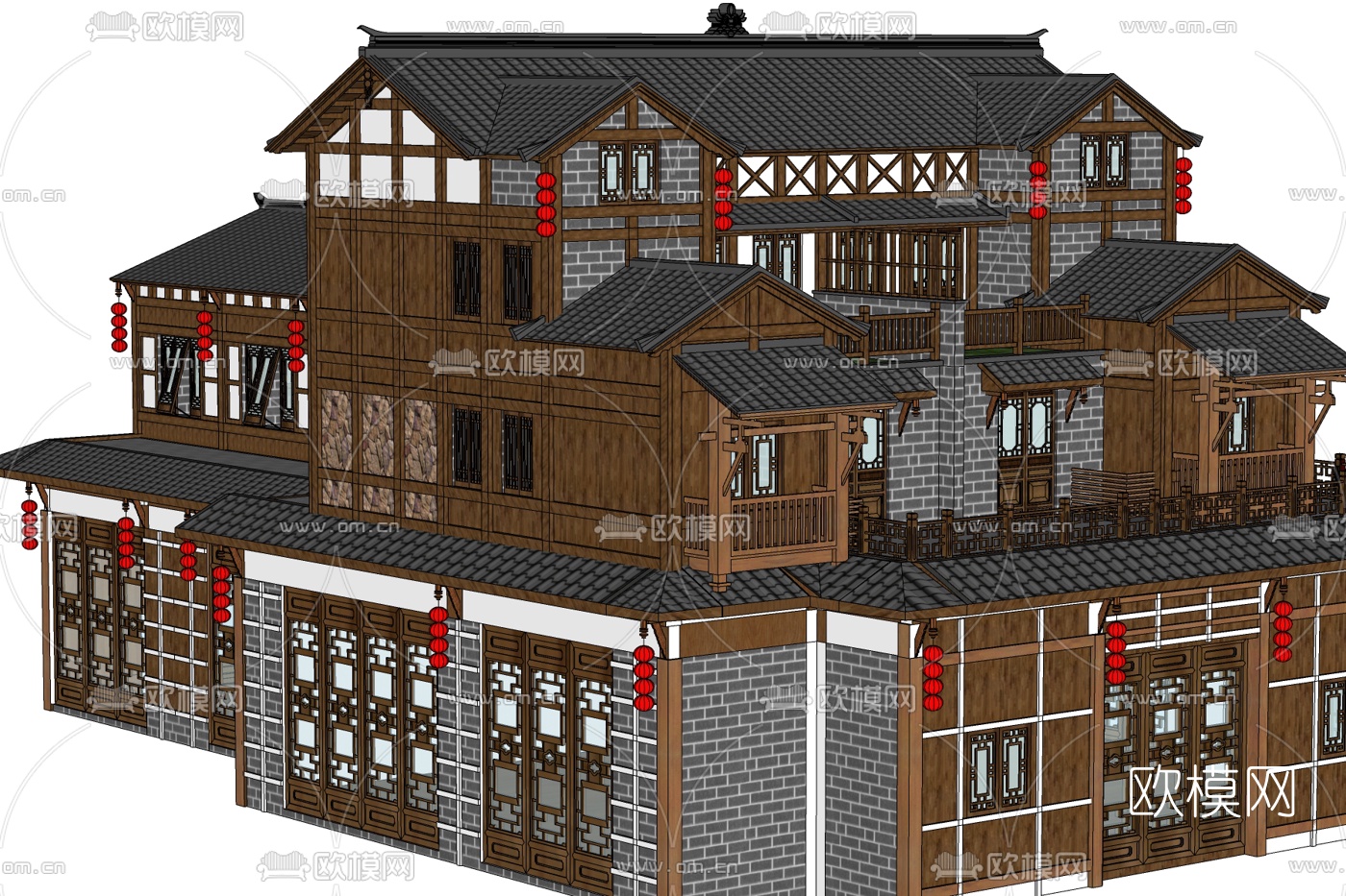 中式五凤楼外观免费su模型下载
