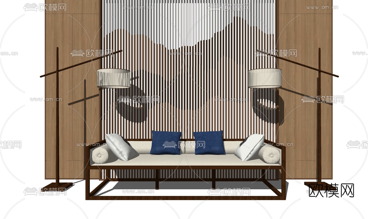 新中式布艺多人沙发su模型下载