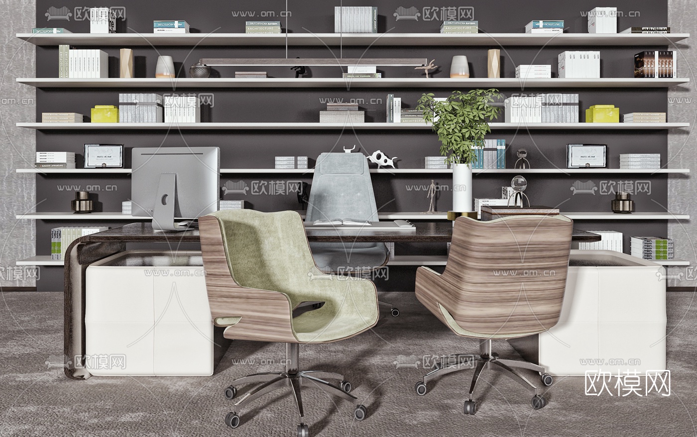 现代实木班台桌3d模型下载（渲染图1）