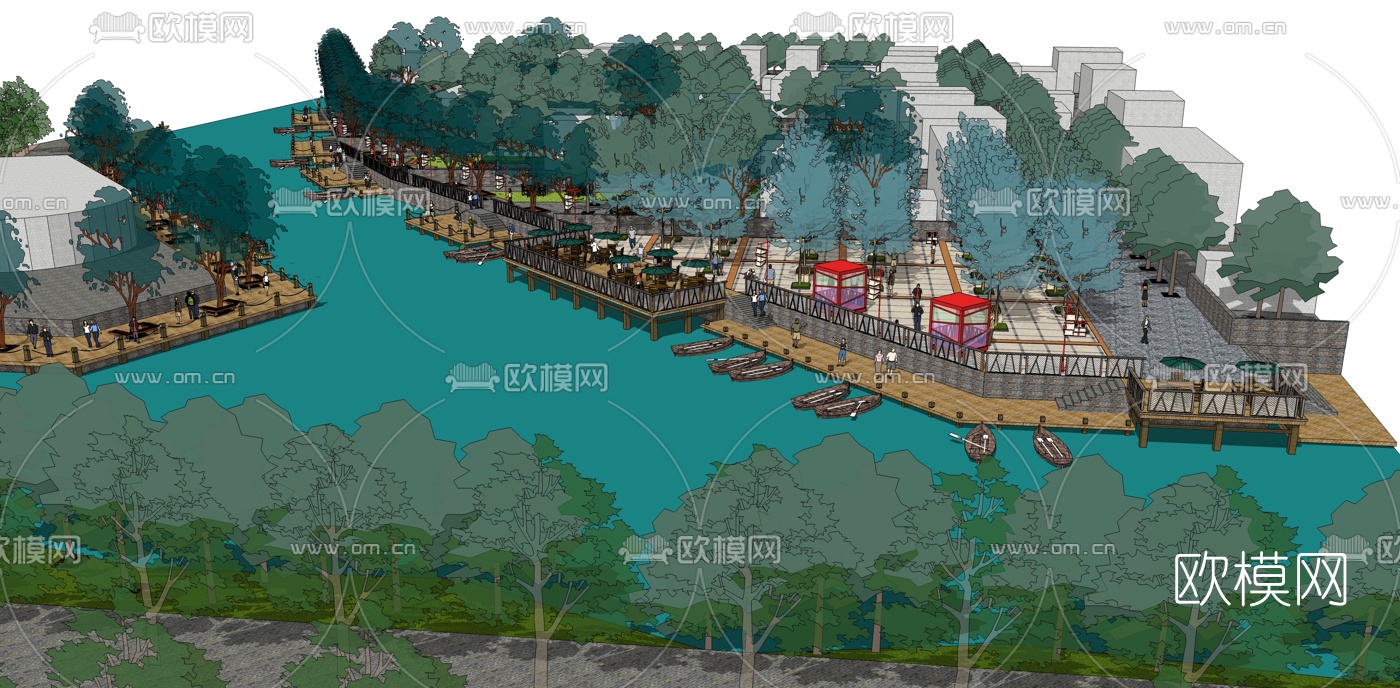 中式沿河街道景观设计免费su模型下载