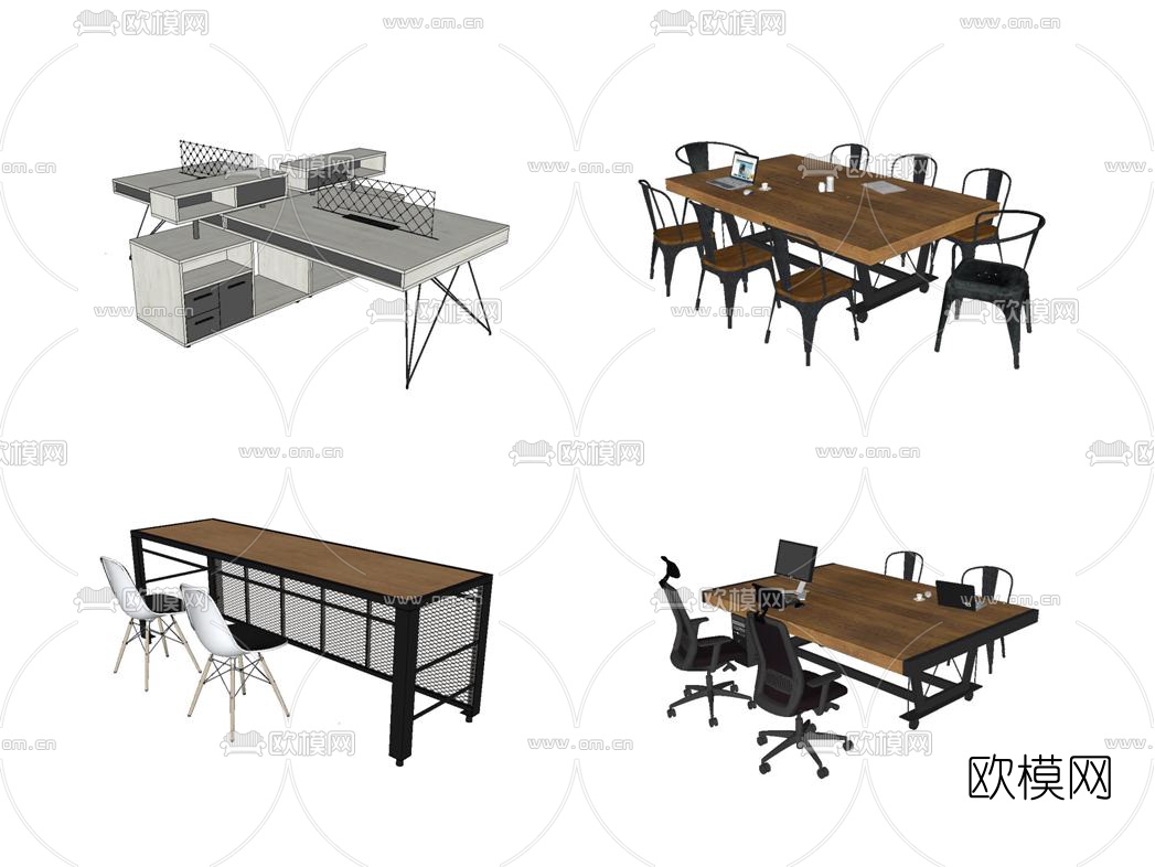 北欧原木办公桌会议桌su模型下载