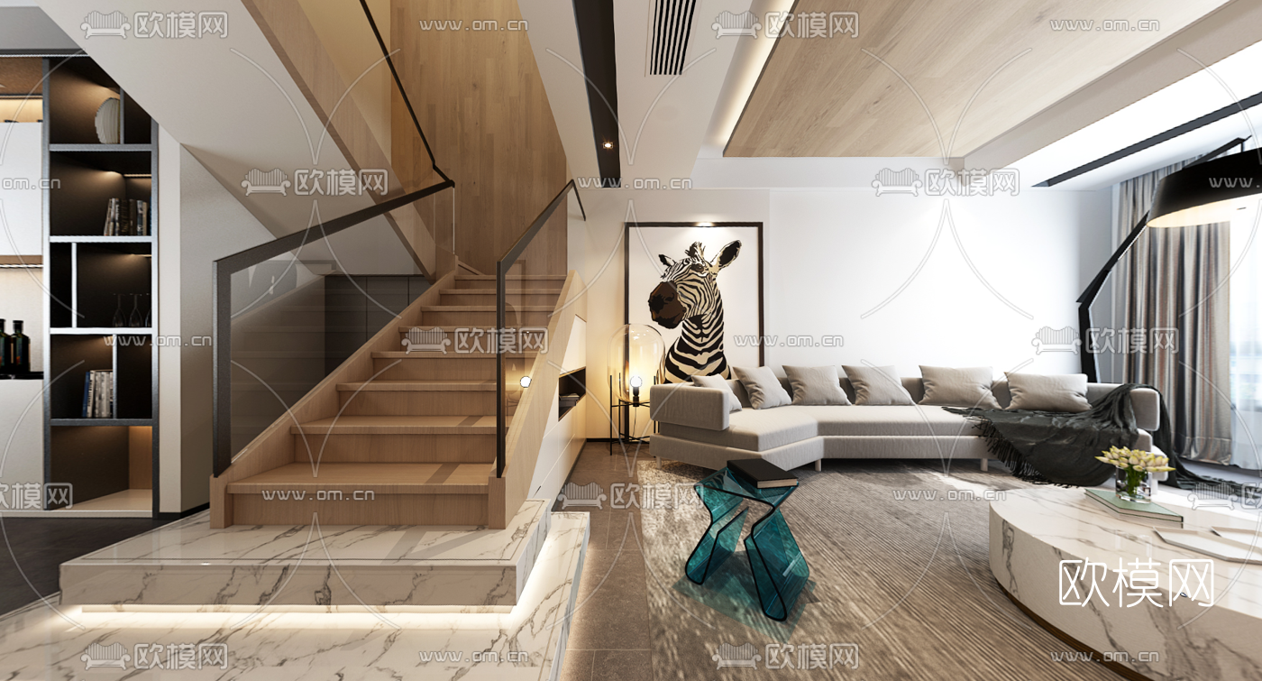 现代复式客厅餐厅vr全景3d模型