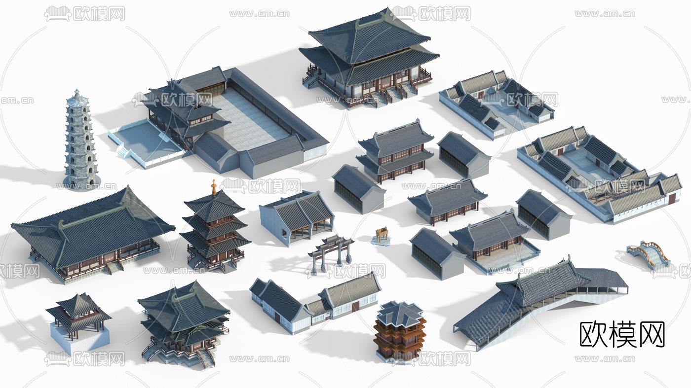 中式四合院塔楼建筑外观3d模型